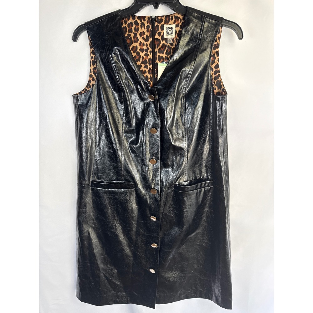 Anne Klein Black Faux Leather Button Front Mini Dress Size 8 NWT Vegan Preppy